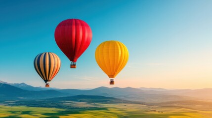 Naklejka premium Serene Skies: Colorful Hot Air Balloons Soaring Over Lush Green Fields with Bold Contrasts