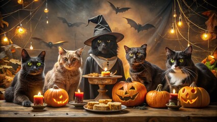Furry friends gather around a decorated table, where a black cat dressed as a friendly witch sits, beaming with joy, surrounded by cobwebs, jack-o-lanterns, and treats under a dim, mystical lighting.