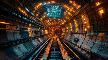 Fototapeta premium A futuristic underground tunnel illuminated by dynamic orange lights, showcasing modern design in urban transportation.