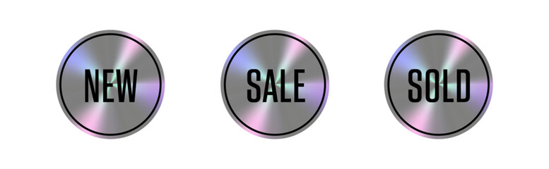 Holographic stickers with a metallic sheen showcasing various promotional messages: 