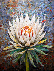Abstract white protea flower bouquet mosaic art, floral illustration. Valentine, Womans day and Mothers day concept, art for design poster, greeting card, wedding invitation