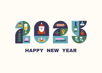 Happy New Year 2025. Geometric design in modern style, creative festive illustration, greeting banner, poster.