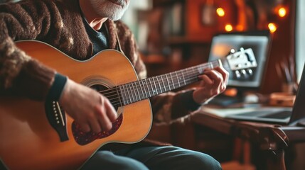 Naklejka premium Middle-Aged Musician Crafting Melodies with Acoustic Guitar
