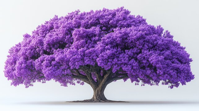 A vibrant purple tree with a broad canopy against a light background.