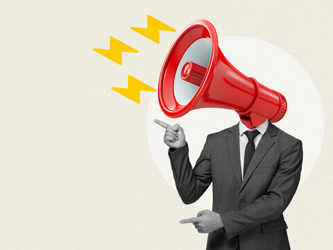 Businessman with megaphone head, announcement or communication concept, Contemporary art collage, Modern design