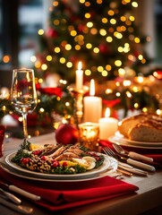 A beautifully arranged Christmas dinner table adorned with red and gold decorations