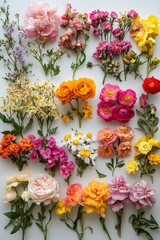 Obraz premium A set of vibrant flowers arranged in a perfect grid on a backdrop. 