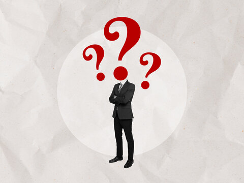 Businessman with question mark head, Thinking, Problem solving, Contemporary art collage, Modern design