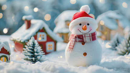 Fototapeta premium Christmas decoration with little cute snowman in small town with snow-covered houses and trees