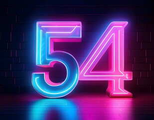 3d neon light numberb54 glowing in the dark, pink blue neon light	