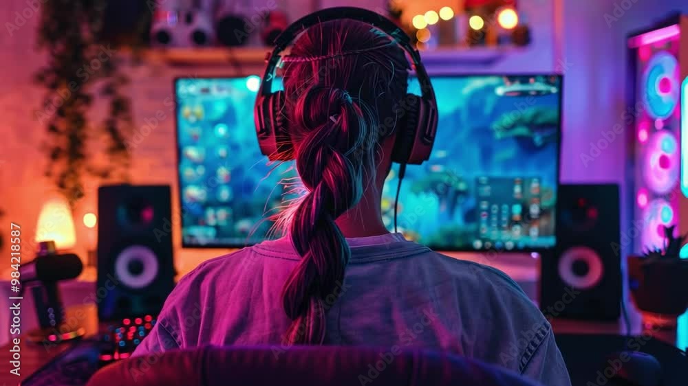 Poster a person with a braided hairstyle sits focused in front of a large screen, surrounded by colorful le