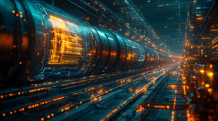 Obraz premium Futuristic tunnel with glowing circuits and vibrant neon lights, showcasing advanced technology and innovation.