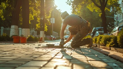 Construction worker completing city sidewalk project