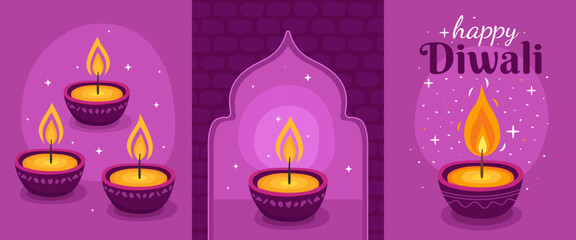 Diwali holiday. Collection of cards for the Indian festival of lights. Dark purple burning traditional diwali candles or oil lamps on a purple background, Indian arch. Happy Diwali.