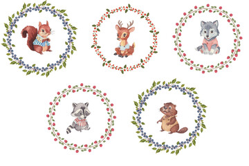 Forest Animals in Berry Wreaths - Watercolor Nursery Pattern with Deer, Wolf, Beaver, Squirrel, and Raccoon for Cute Children’s Design