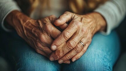 Closeup of Elderly Hands Clasped Together, Wearing a Ring