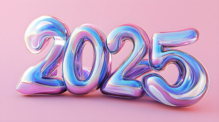 Fluid glass numbers create an organic and vibrant representation of the year 2025 on a soft pink background showcasing modern design