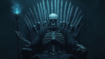 A haunting skeleton king sitting on a throne made of swords, surrounded by dark mist and an eerie blue light.