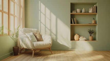 Fototapeta premium A cozy living room featuring a soft armchair set against a mint green accent wall with a built-in