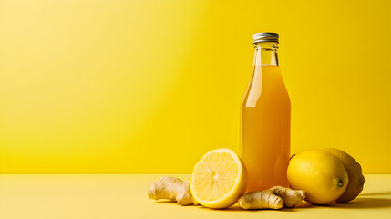A vibrant minimalist shot of a kombucha bottle with fresh ginger and lemon on a bright yellow background