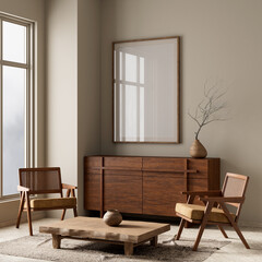 Mock up poster frame in boho style decorated livinig room. Light modern Interior design of living room with wooden furnitures. 3D illustration