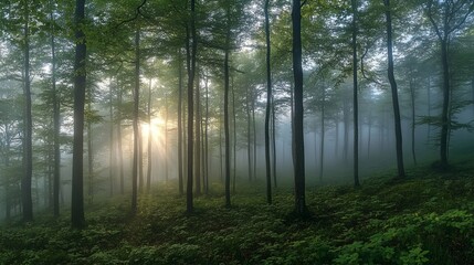 Obraz premium Sunlight Breaking Through Fog in a Dense Forest