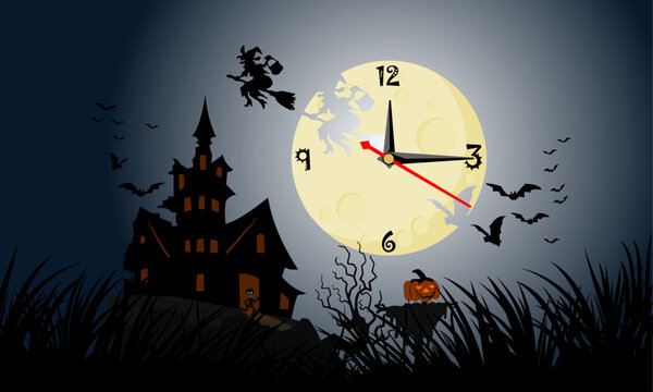 The moon has clock hands to tell time. Float over a dark and terrifying castle on Halloween night. Ghost release night, a joyful time for ghosts.
