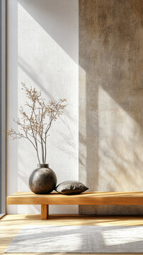 Elegant minimalist interior featuring decorative vase and dried branches in a sunlit room with wooden bench