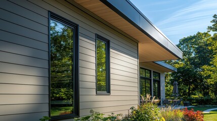 An architectural design studio with minimalist James Hardie siding, showcasing clean lines and a modern aesthetic, serving as both a workspace and a showcase of design principles