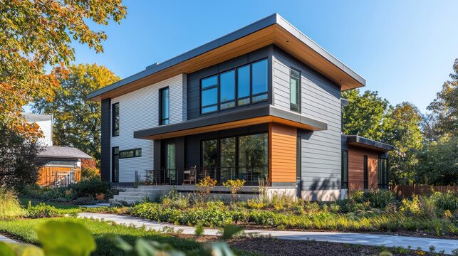 An architecta??s own home with experimental James Hardie siding applications, featuring a mix of textures and colors, set as a focal point in an innovative housing development