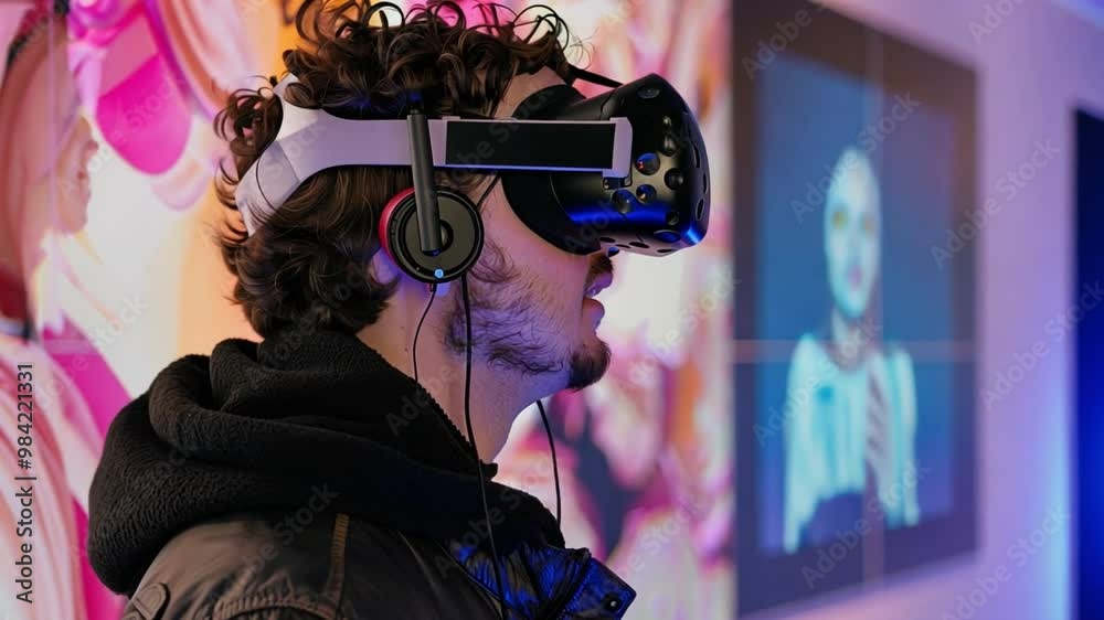 Aufkleber a visitor engages with virtual reality technology in a vibrant art gallery, surrounded by digital ar