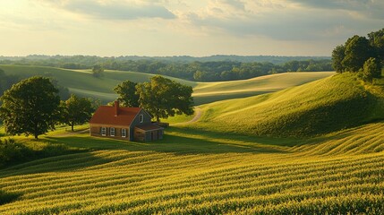 Rustic Farmhouse Nestled in Rolling Hills at Sunset
