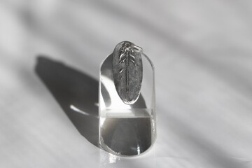 Elegant minimalist silver feather pendant on a sleek white background for stylish accessories....