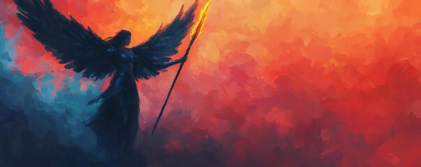 A majestic angel silhouette holding a spear against a vibrant sunset sky, embodying strength and divine presence.