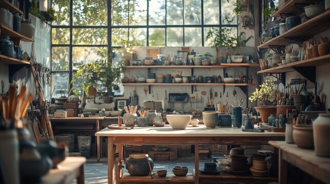 A serene pottery workshop filled with tools, plants, and handmade ceramic pieces, illuminated by natural light.