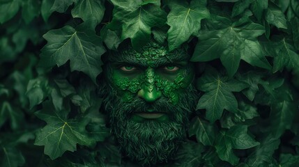 A mystical being blends with nature, adorned in vibrant green foliage, symbolizing harmony with the earth.