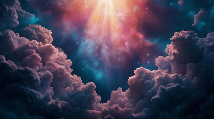 Fototapeta premium A breathtaking view of cosmic clouds illuminated by radiant light, capturing the beauty of the universe in vibrant colors.