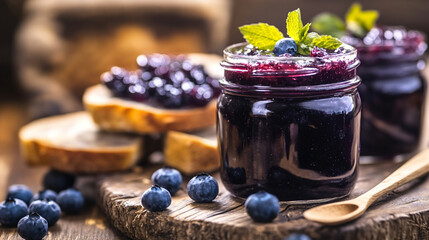 Jar of blueberry jam, homemade jam with blueberry