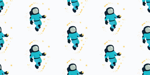 Seamless repeating astronaut space pattern. Children's background for textiles, pajamas and bed linen.