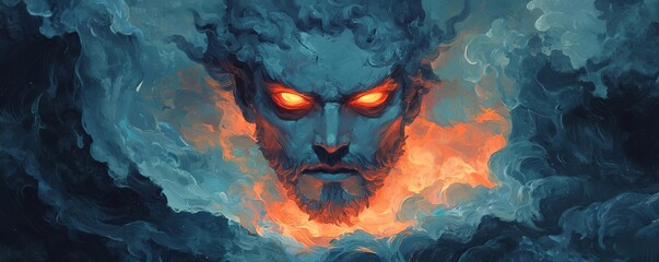 Fototapeta premium A mystical figure emerges from dark clouds, featuring glowing eyes and fiery elements, evoking a sense of wonder and mystery.