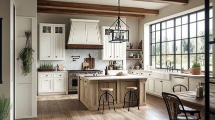 A farmhouse-inspired kitchen with white cabinetry, a large central island with rustic wood