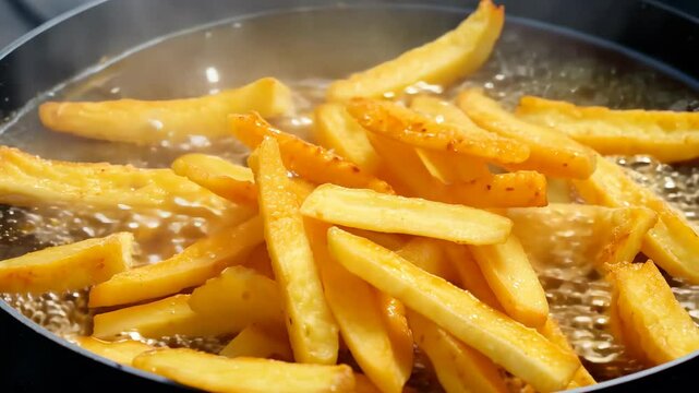 golden French fries being deep-fried in hot oil in a pan.