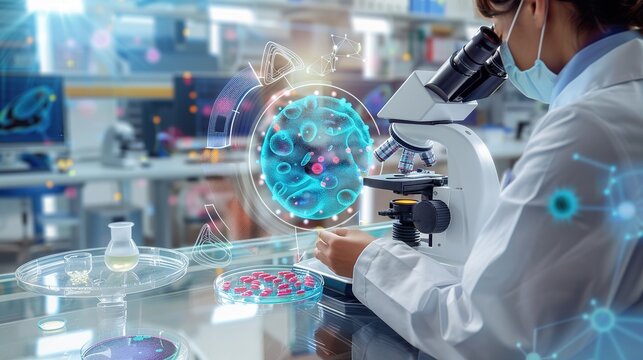 A dedicated scientist in a lab coat intently examines bacteria samples through a microscope. E.coli,Staphylococcus,education,research, investigation, examination
biology, medicine.