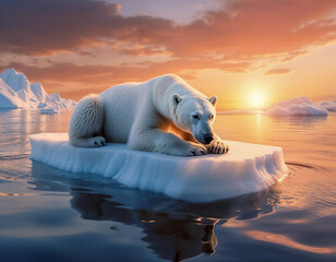 Magnifique Ours polaire à la dérive sur un morceau de glace, banquise, Pôle Nord, réchauffement climatique