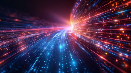 Obraz premium Vibrant abstract digital scene with blue and red lines forming geometric shapes, data points, and glowing sphere in explosive motion on black background.