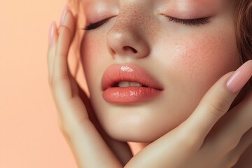 Obraz premium A graceful woman with her hands gently resting on her face, showcasing long, delicate fingers