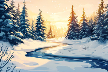 Winter Wonderland Scene illustration with Snow Covered Trees and Frozen River