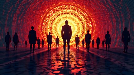 Fototapeta premium Silhouettes of People Walking Towards Bright Light in Tunnel