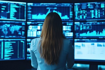 A woman analyzes financial data displayed on multiple screens, showcasing graphs and charts in a dimly lit, technology-driven environment, Business idea concept.