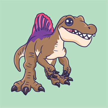 cartoon spinosaurus smiling, brown, purple, green clip art preview